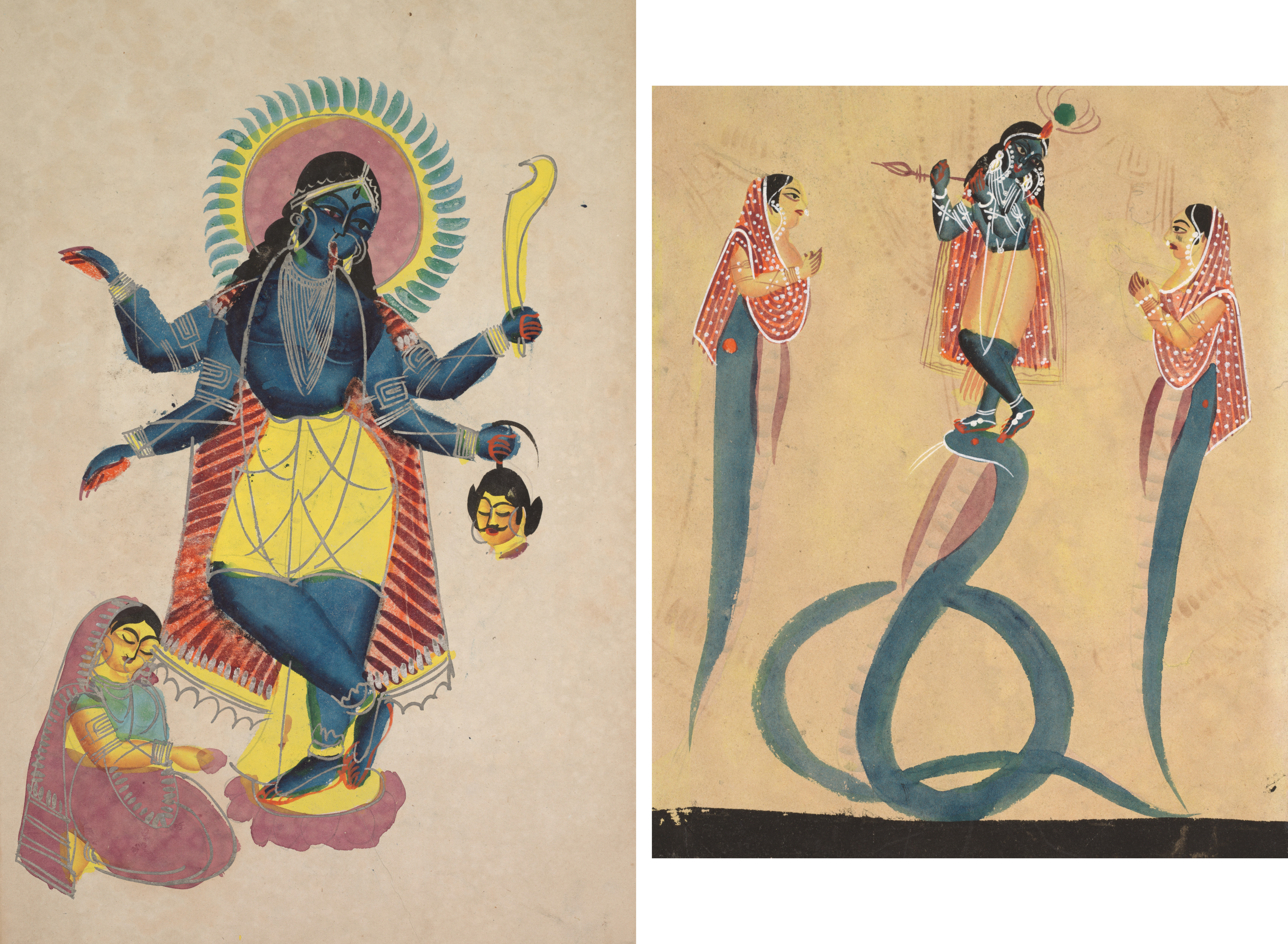 Leaf from a Kalighat album: Krishna as Kali worshipped by Radha (recto); Krishna quells the serpent Kaliya (verso)