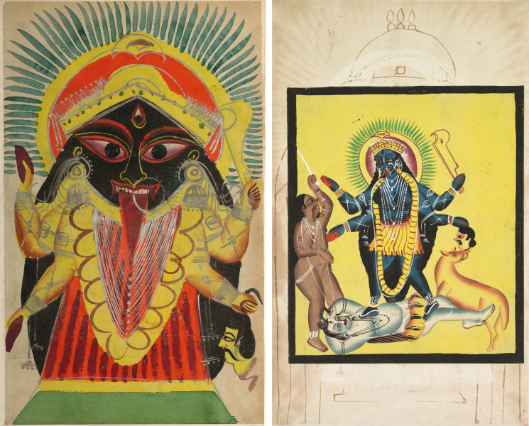Leaf from a Kalighat album: The Goddess Kali (recto); Kali Standing on Shiva (verso)