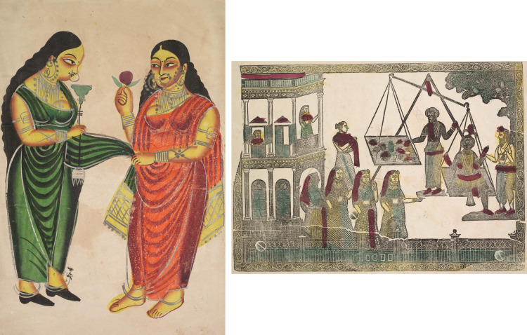 Leaf from a Kalighat album: Maid bringing a hookah to a lady (recto); Krishna weighed against precious objects(?) (verso)
