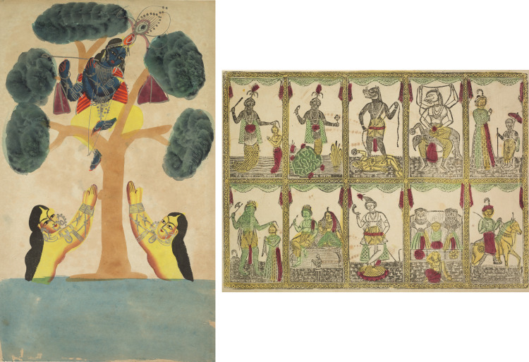 Leaf from a Kalighat album: Krishna Steals the Clothes of the Cowgirls (Gopis) (recto); Das Avataras, Ten Incarnations of Vishnu (verso)