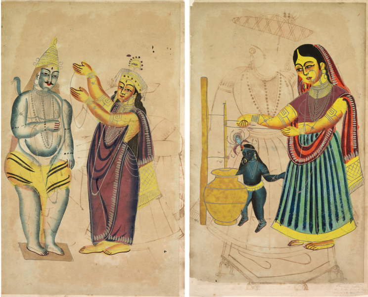 Leaf from a Kalighat album: Parvati Placing a Wedding Garland on Shiva (recto); Yasoda Churning Butter (verso)
