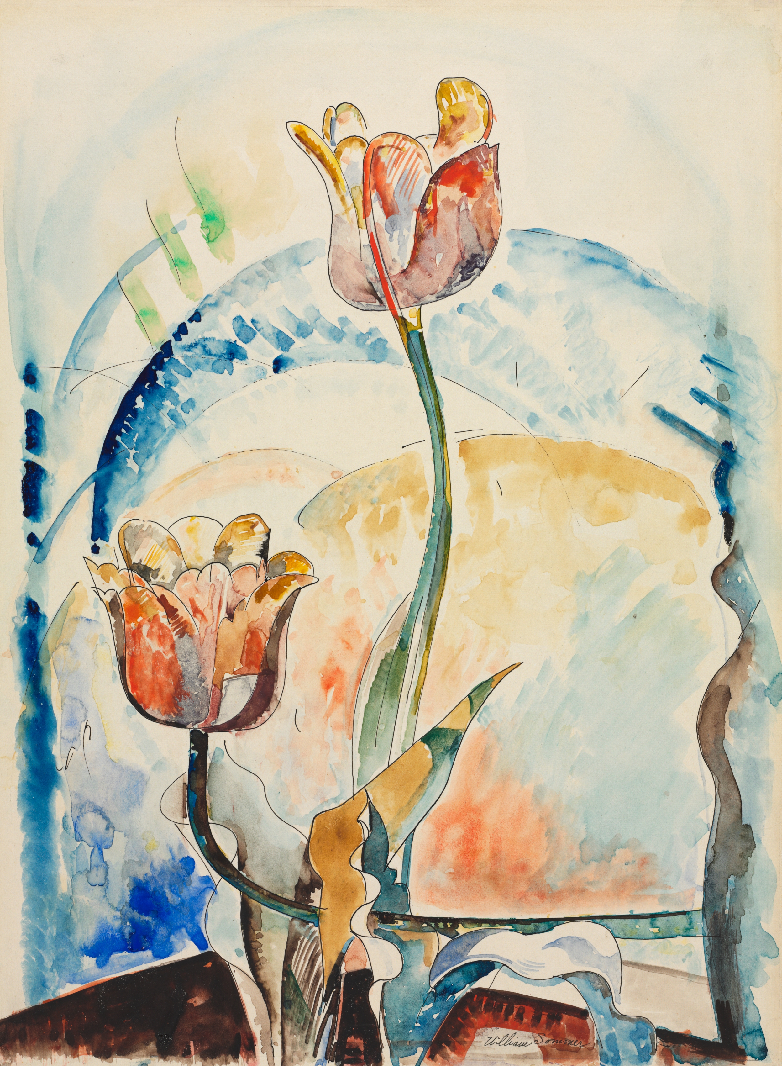 Still Life with Tulips and Landscape Beyond