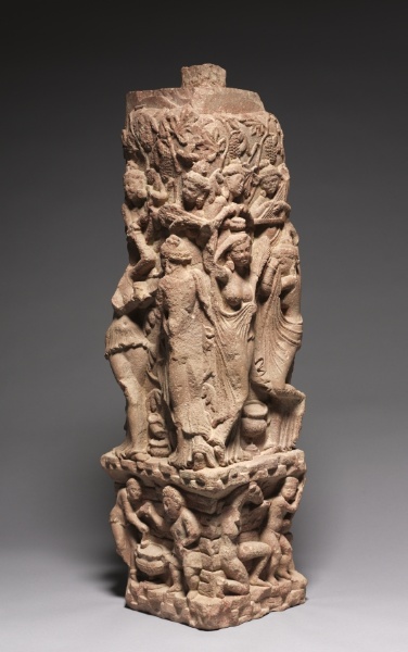 Corner Railing Pillar with Drinking Scenes, Yakshis, and Musicians