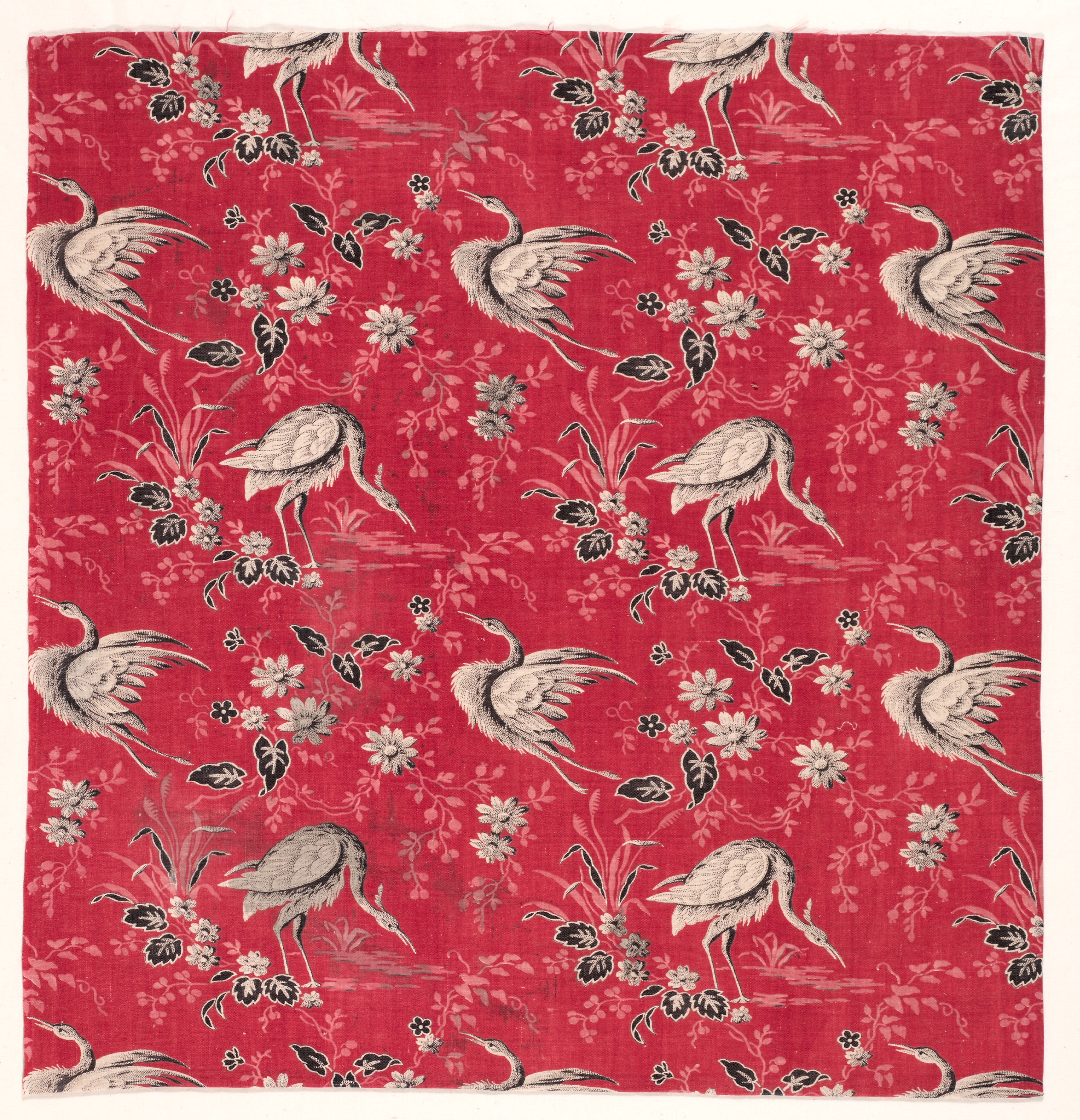Roller-Printed Cotton with Heron and Flower Design