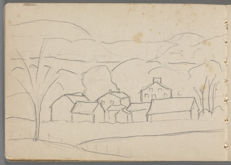 Sketchbook No. 4, page 23: Pencil landscape: houses, hills, tree left 
