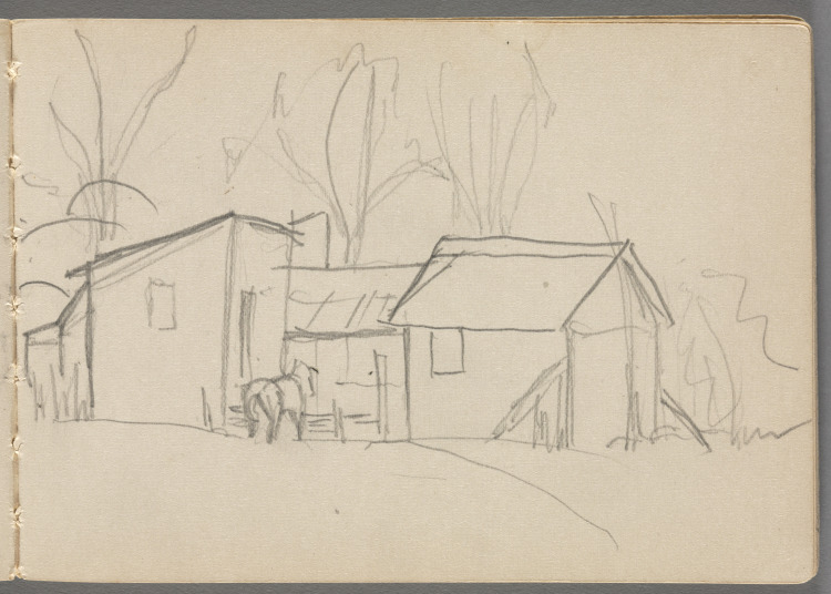 Sketchbook No. 4, page 13: Pencil sketch of barn and horse
