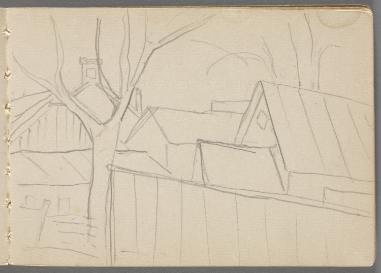 Sketchbook No. 4, page 19: Pencil sketch of roofs of houses, fence, tree