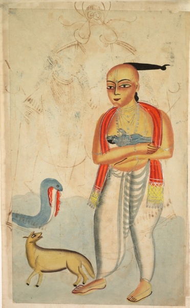 Vasudeva (Krishna's Father) Fleeing with Krishna Encounters a Cobra and a Jackal (verso), from a Kalighat album