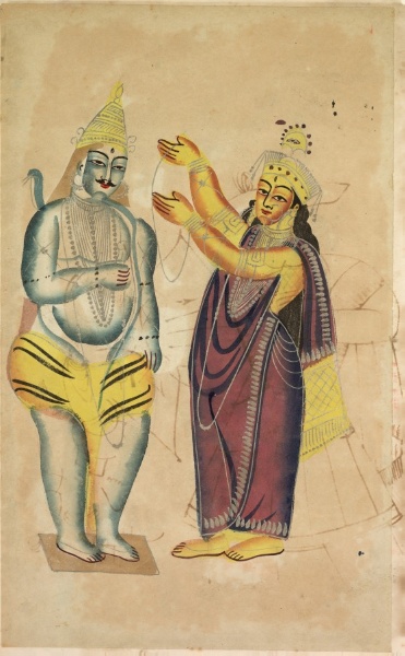 Parvati Placing a Wedding Garland on Shiva (recto), from a Kalighat album