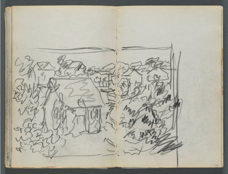 Sketchbook, The Dells, N° 127, page 154 & 155: Landscape with Houses