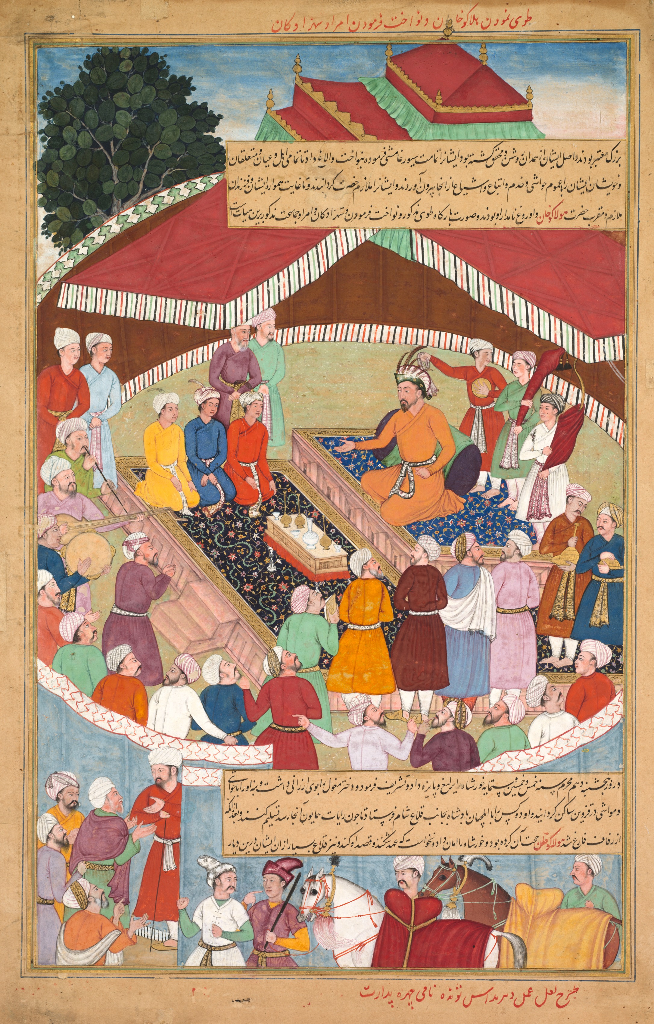 Hulagu Khan giving a feast and dispensing favor upon the amirs and princes, from a Chingiz-nama (Book of Chingiz Khan) of the Jami al-tavarikh (Compendium of Chronicles)
