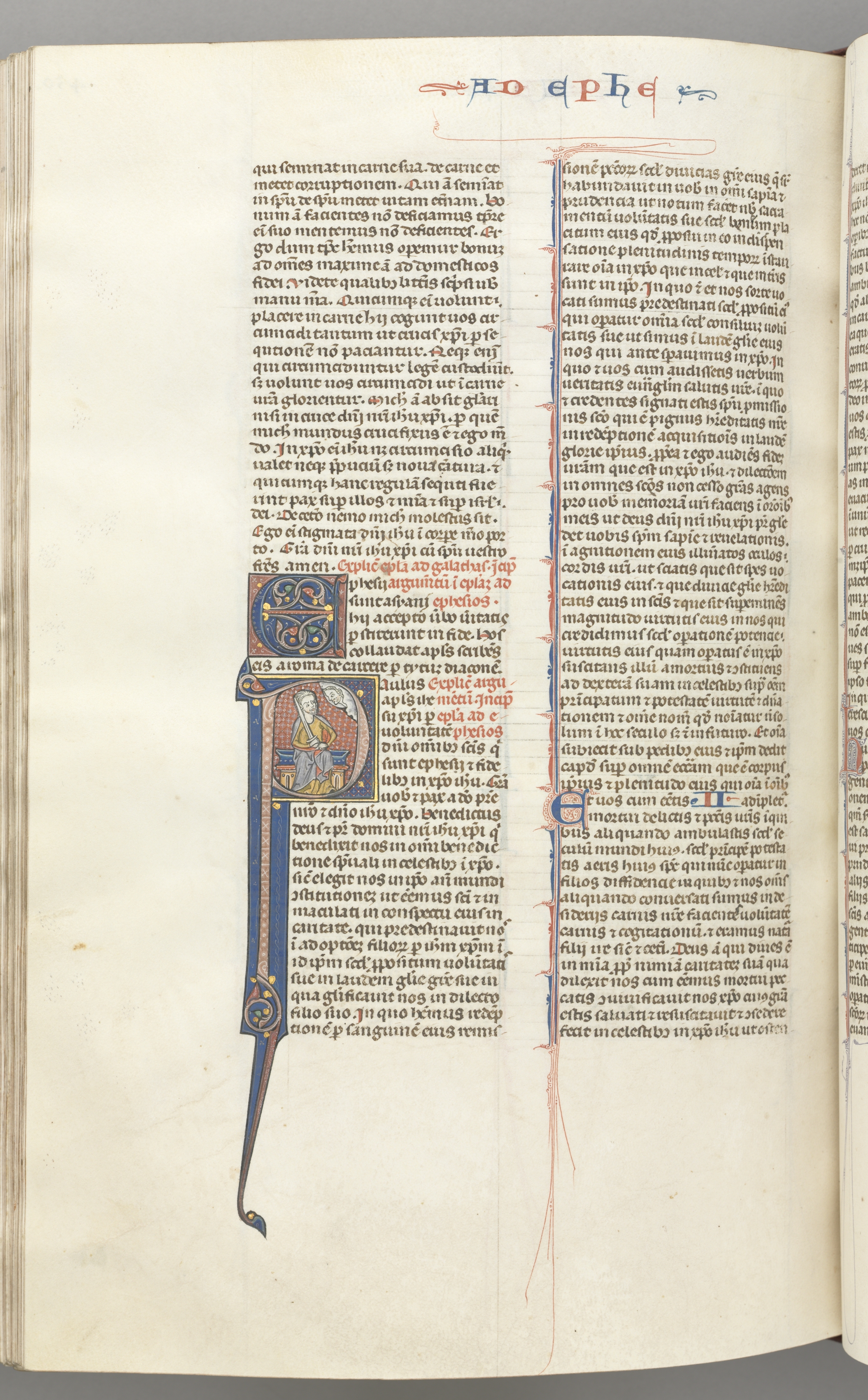 Fol. 450v, Ephesians, historiated initial P, Paul seated with a sword, the bust of God above