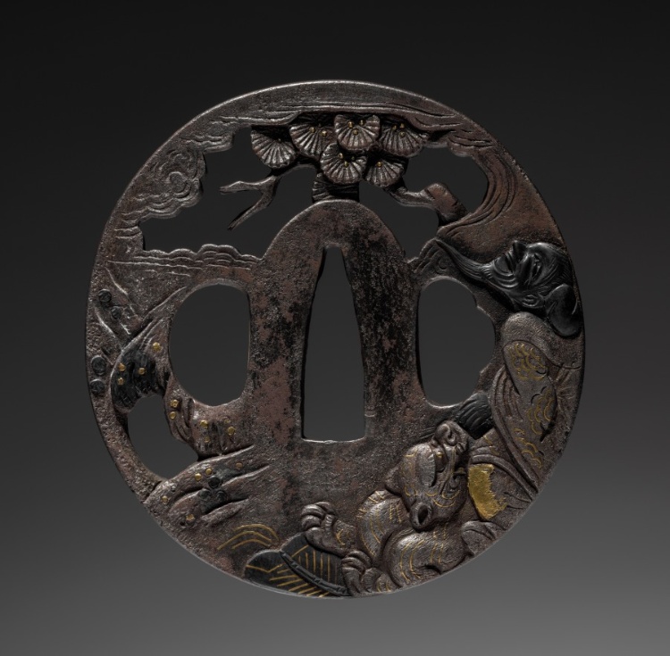 Sword Guard (Tsuba) with Chinese Immortal and Tiger Under Pine