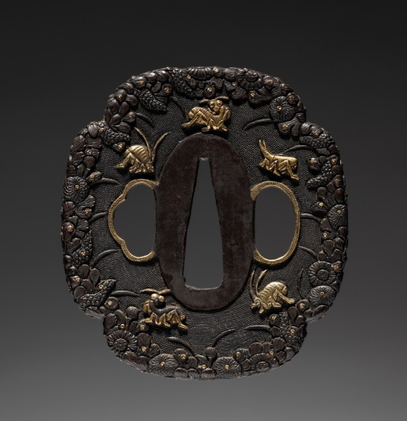 Sword Guard (Tsuba) with Crickets and Chrysanthemums in Dew