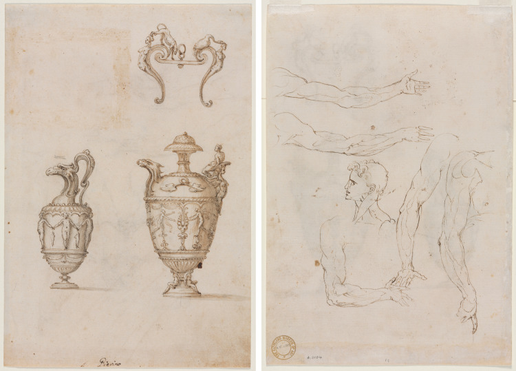 Design for Two Vases and an Ornament (recto); Sketches of Five Arms and a Head (verso)