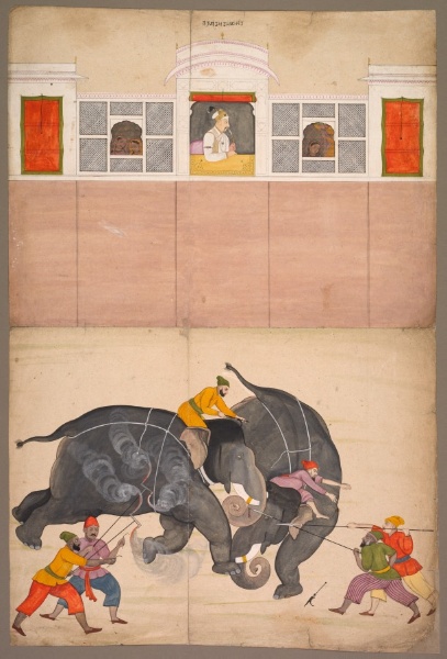Two Elephants Fighting in a Courtyard Before Muhammad Shah