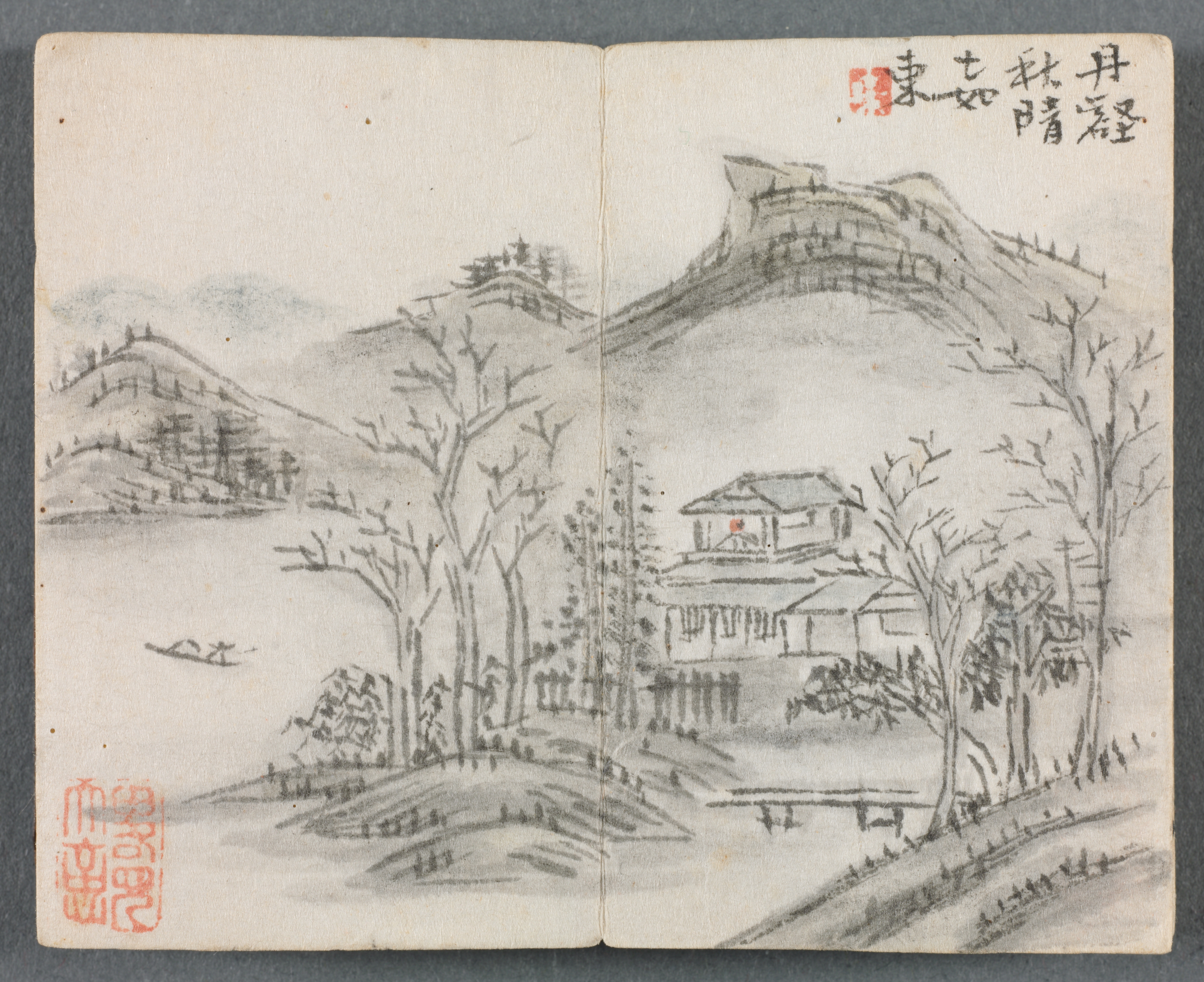 Miniature Album with Figures and Landscape (Landscape with Hill, House, Boat and Bridge)