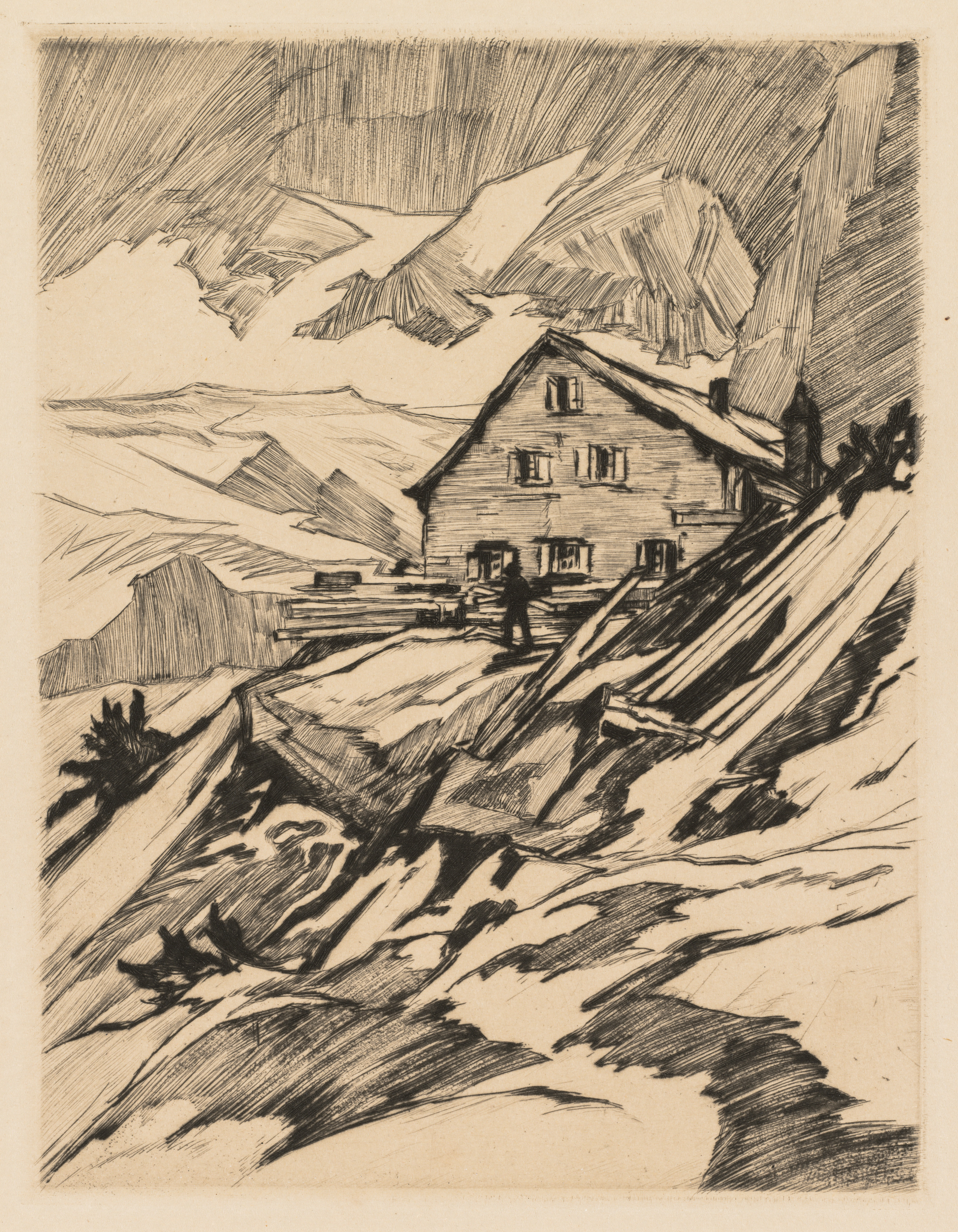 Coburgerhutte (Tirol) im Winter, Originalradierung) 