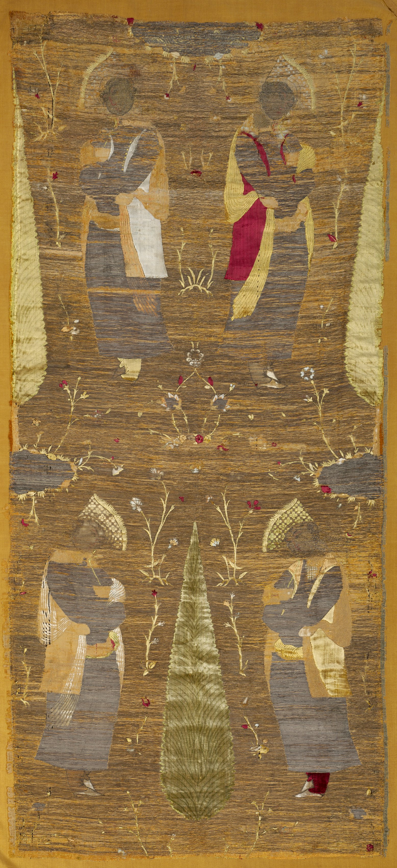 Velvet panel with four youths smelling flowers