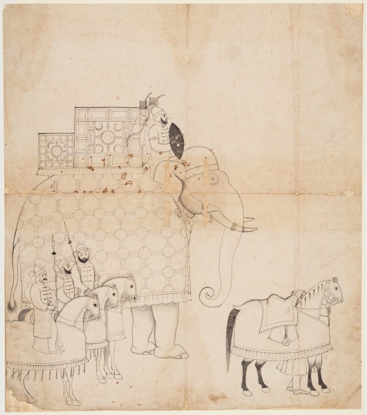 A drawing of Caparisoned Elephant and Horses