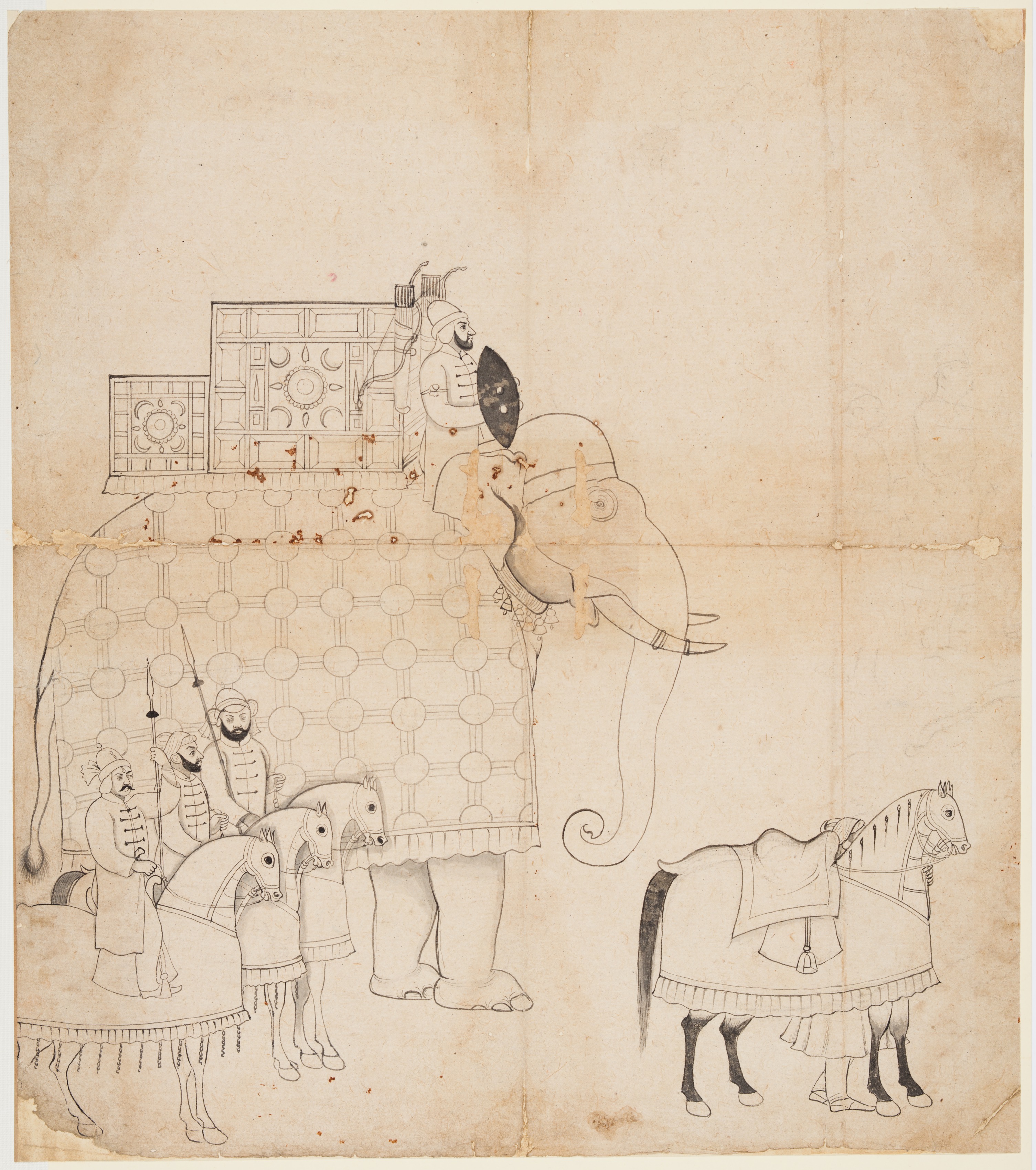 A drawing of Caparisoned Elephant and Horses