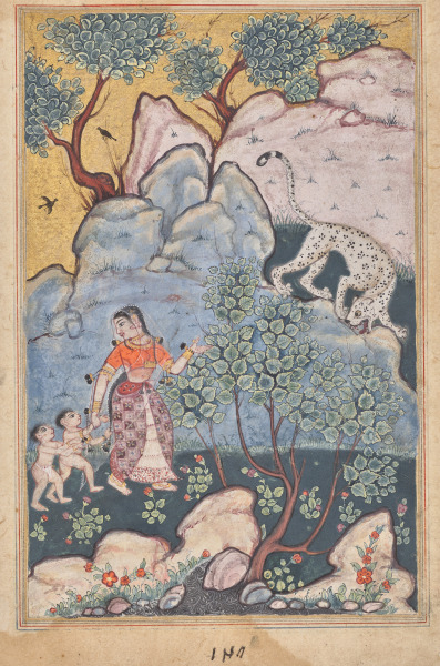 A woman with two children, having abandoned her home, goes into the forest where she encounters a leopard, from a Tuti-nama (Tales of a Parrot): Thirtieth Night