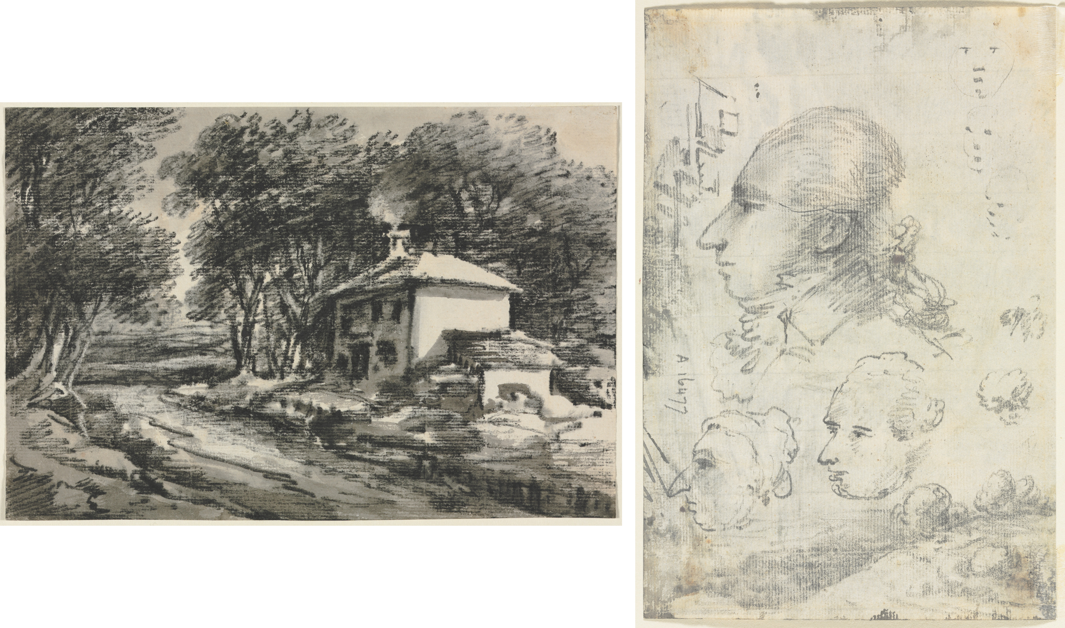 Landscape with Cottage (recto); Studies of Heads (verso)