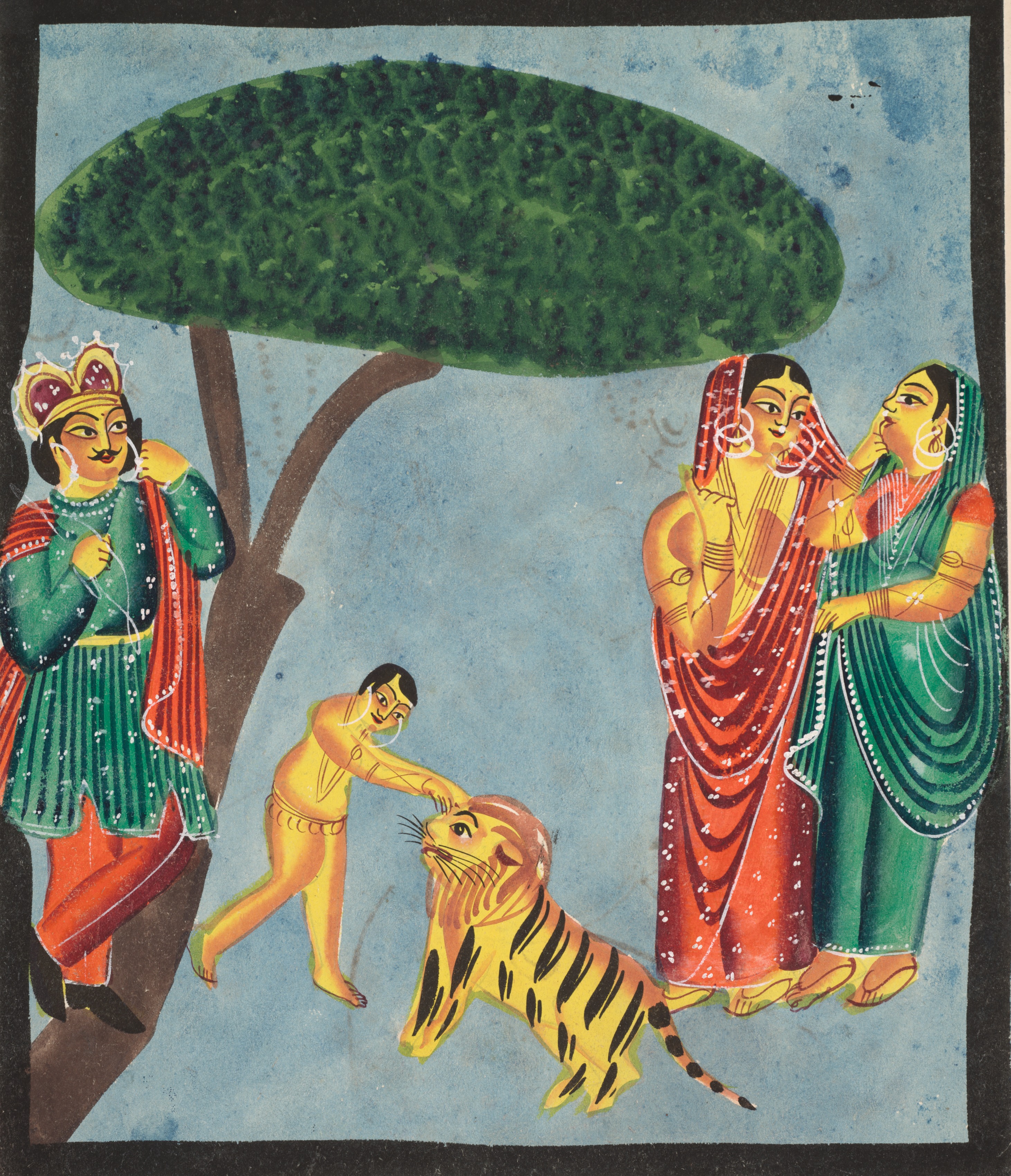 Dushyanta watching his son Bharat playing with the tiger at the end of the Abhijnanashakuntalam (verso), from a Kalighat album