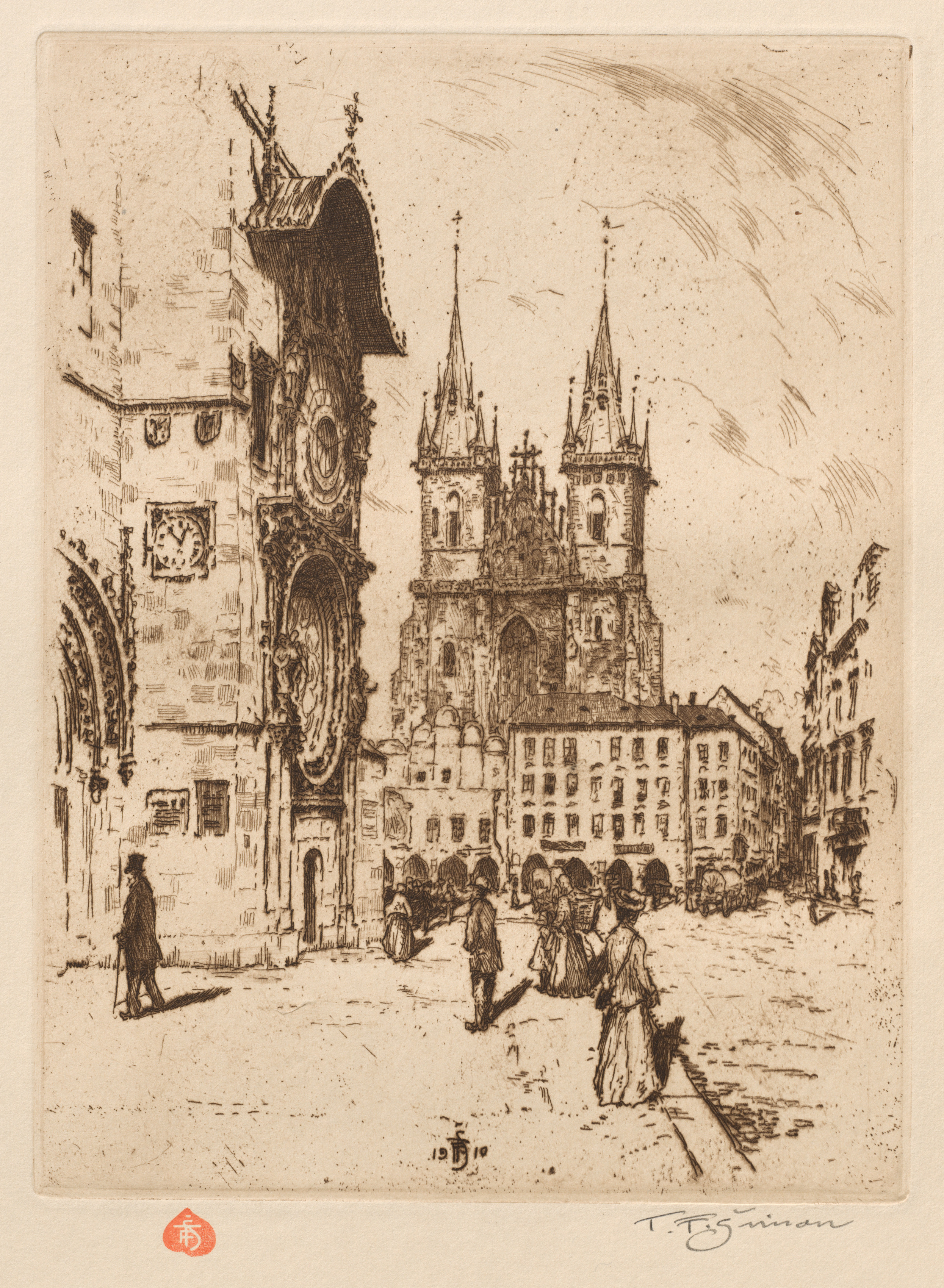Prague: Vingt Cinq Eaux-Fortes Originales: Plate 8, L'Hotel de Ville et l'Église de Týn 