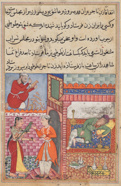 The vizier’s son receives the magic wooden parrot from the wife of the merchant, who is drunk, and has a replica made by a carpenter, from a Tuti-nama (Tales of a Parrot): Tenth Night