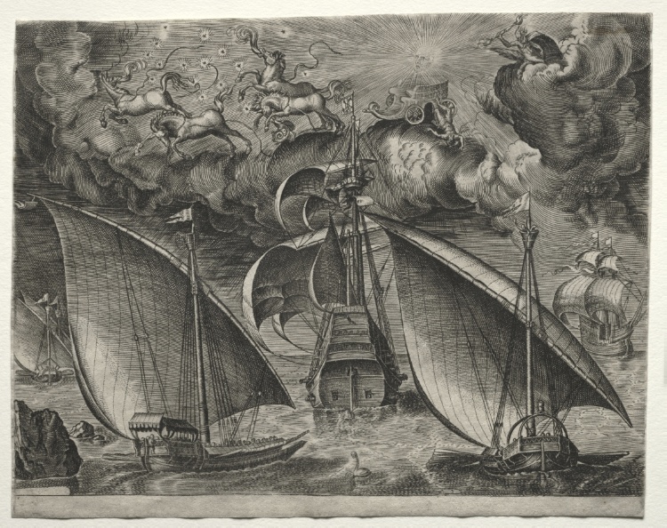 Sailing Vessels: Two Galleys Sailing Behind an Armed Three-Master with Phaeton and Jupiter in the Sky