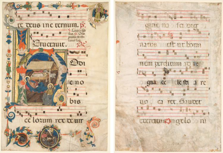 Leaf from an Antiphonary with Historiated Initial (H) with The Nativity (recto) and Music (verso)