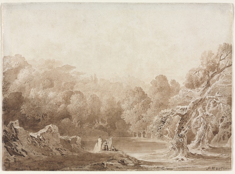 A Man Playing a Harp with other Figures beside a Lake