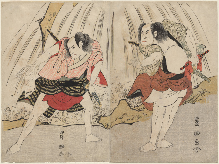 Kataoka Nizaemon VII and Ichikawa Yaozo III in a Confrontation Beside a Waterfall