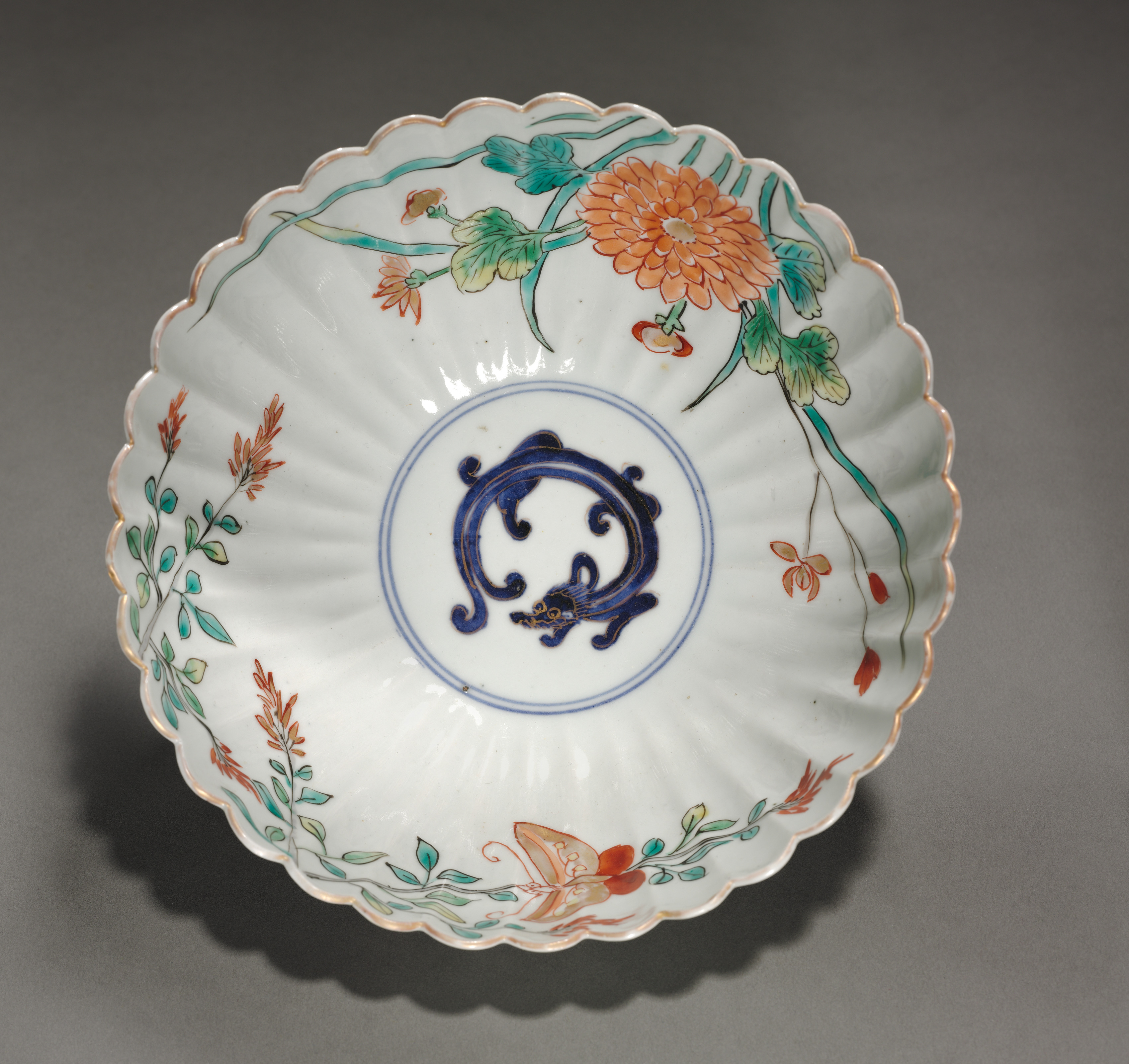 Fluted Bowl with Dragon, Butterfly, and Flowers
