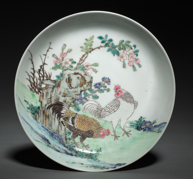 Dish with Two Cocks in Landscape