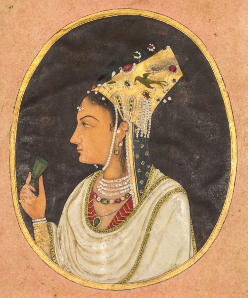 Oval portrait of a woman in a Chaghtai hat