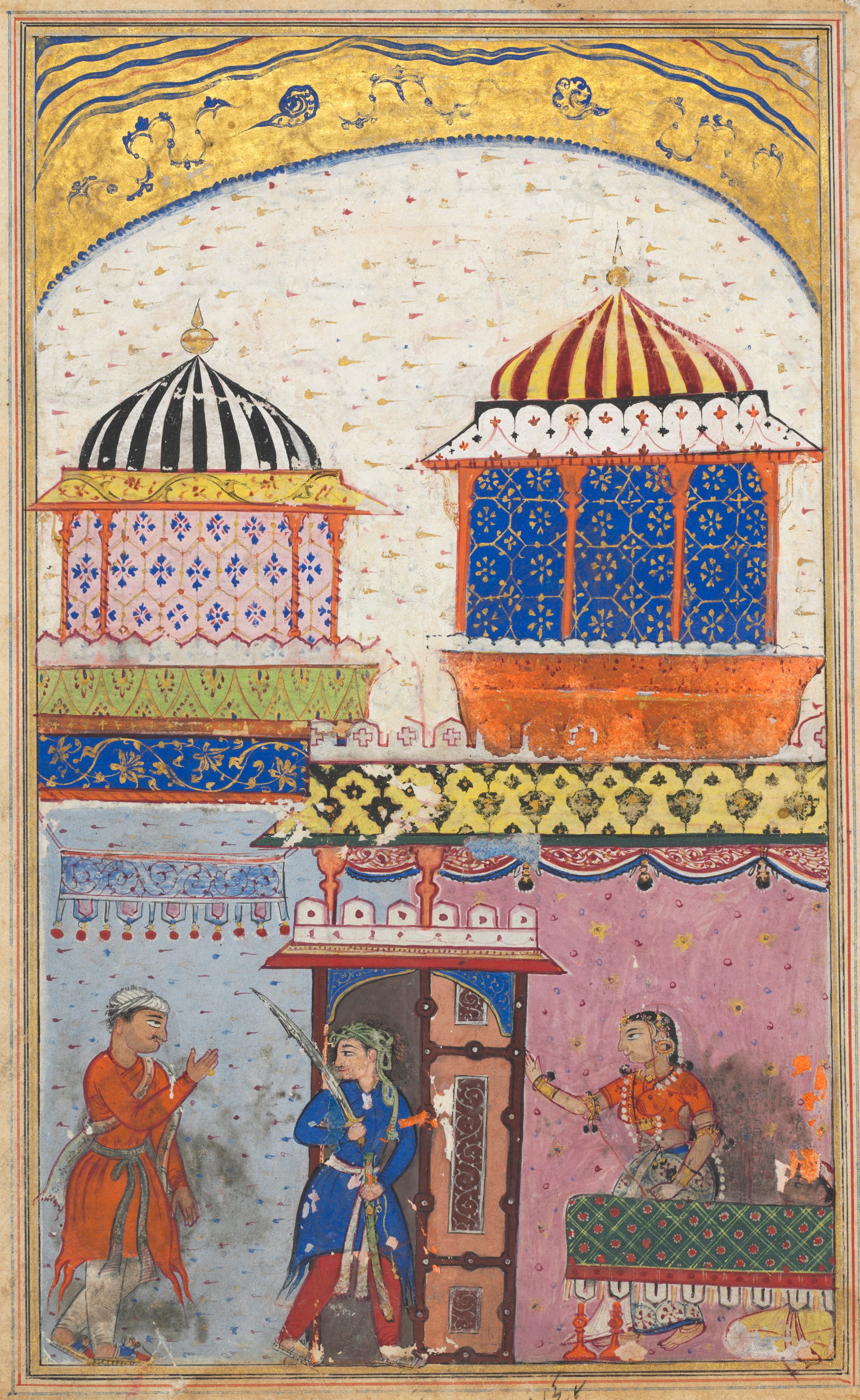 A woman asks her lover to leave her house, brandishing his sword and feigning rage in order to deceive her husband who has just arrived, from a Tuti-nama (Tales of a Parrot): Eighth Night