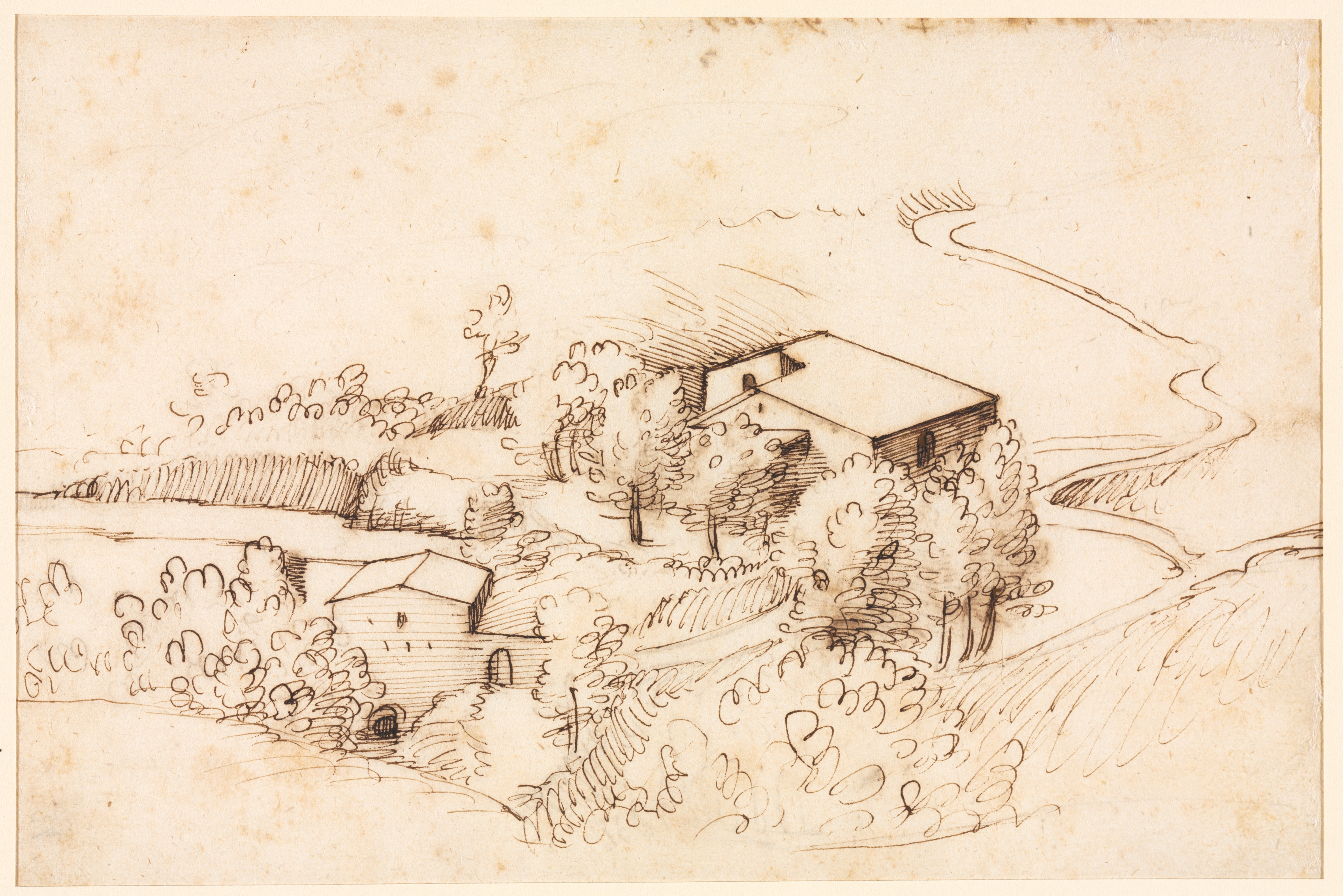 Farm with Trees in a Hilly Landscape (verso)