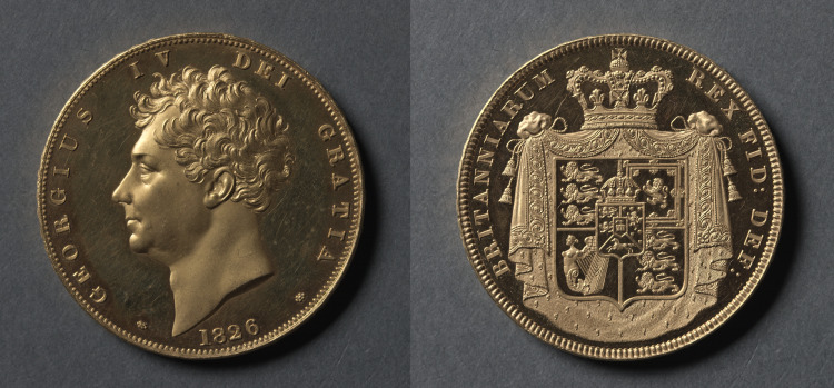 Five Pound Piece: George IV (obverse); Shield of Arms (reverse)