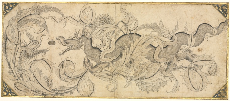 Dragon in foliage with lion and phoenix heads
