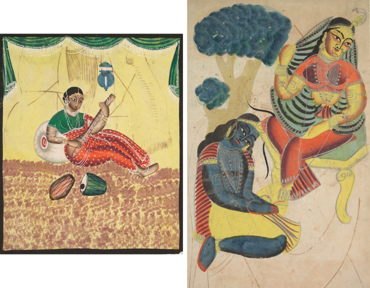 Leaf from a Kalighat album: Woman Playing Music (recto); Krishna Stroking Radha's Feet (verso)