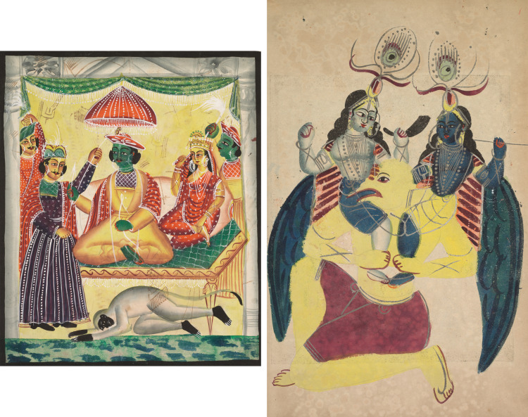 Leaf from a Kalighat album: Rama and Sita enthroned (recto); Garuda carrying Balarama and Krishna (verso)