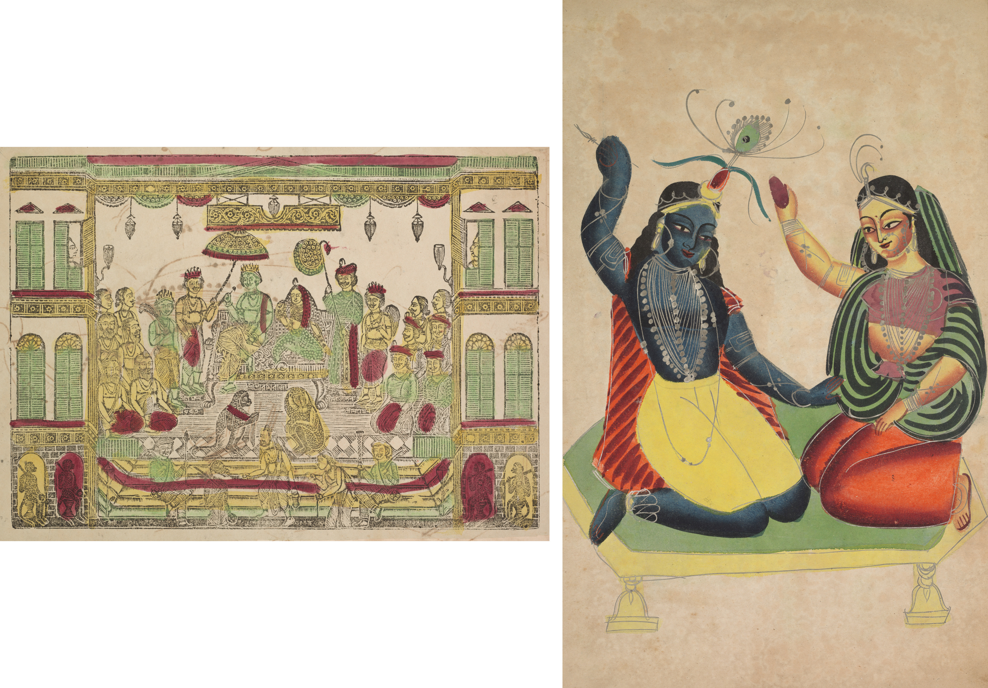 Leaf from a Kalighat album: Rama and Sita in the Royal Palace (recto); Radha and Krishna (verso)