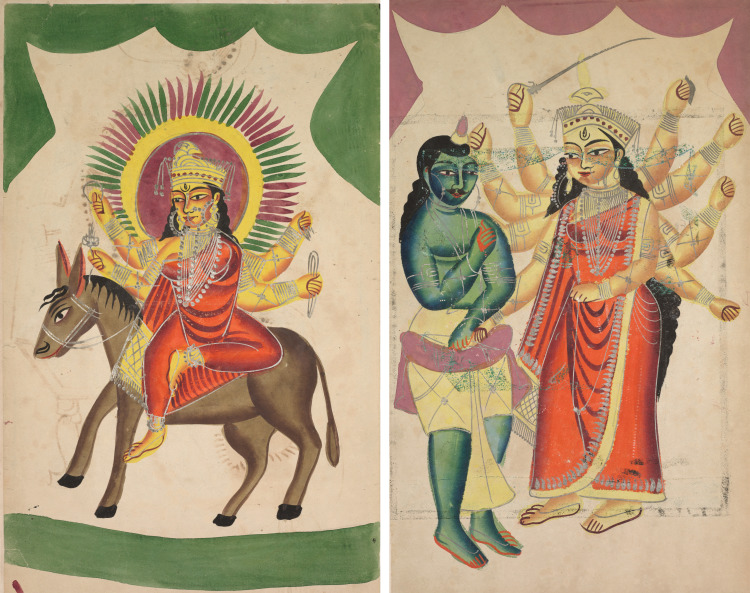 Leaf from a Kalighat album: Sheetaladevi: The Smallpox Goddess (recto); Durga (verso)
