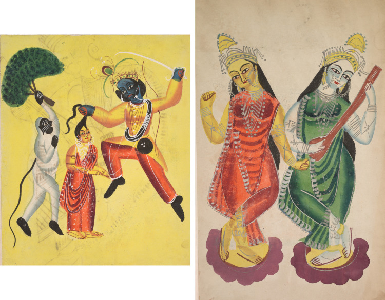 Leaf from a Kalighat album: Rama and Hanuman, Holding an Uprooted Tree, Rescues Sita (recto); Goddesses Lakshmi and Sarasvati (verso)