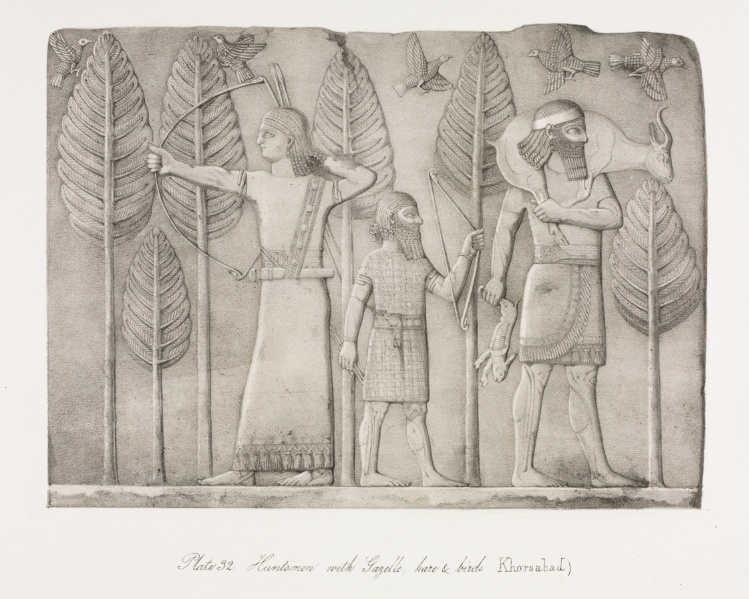 Monuments of Ninevah: Plate 32, Huntsmen with Gazelle, Hare and Birds (Khorsabad)