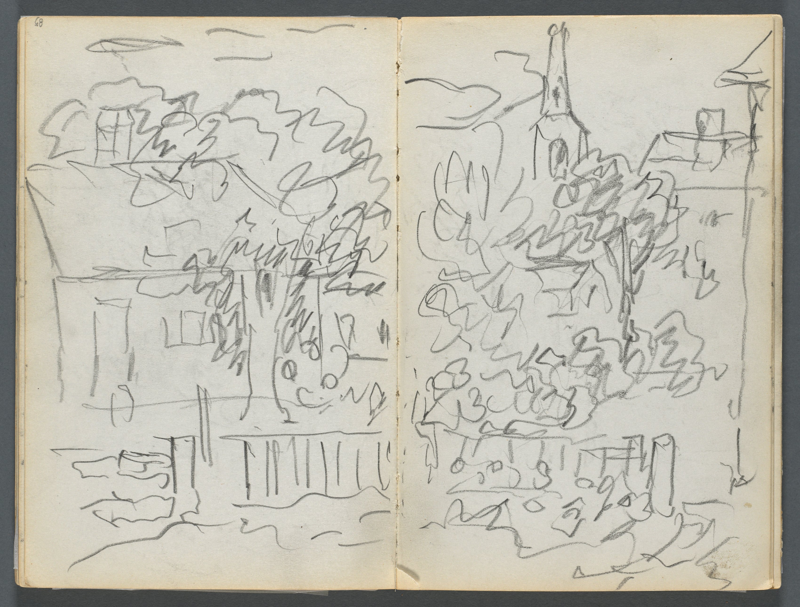 Sketchbook, The Dells, N° 127, page 084 & 85: Landscape with Houses and Spire 