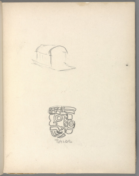 Sketchbook No. 6, page 105: Pencil sketch of building, sketch of Tlaloc