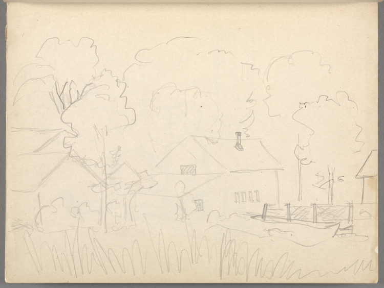 Sketchbook No. 6, page 11: Pencil landscape with buildings